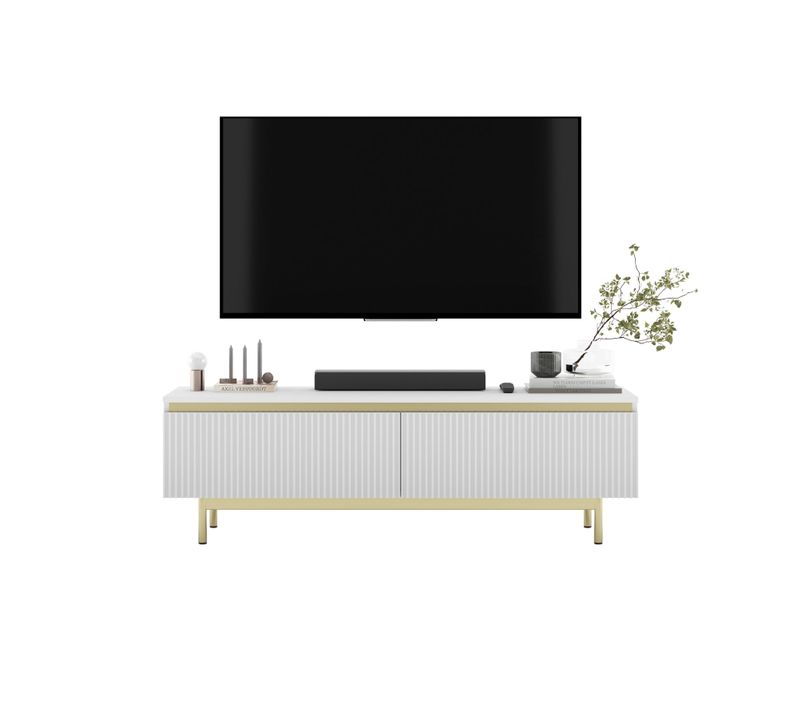 Meuble TV Selene Façades Rainurées Blanc Mat 140 Cm Cadre En Métal Doré