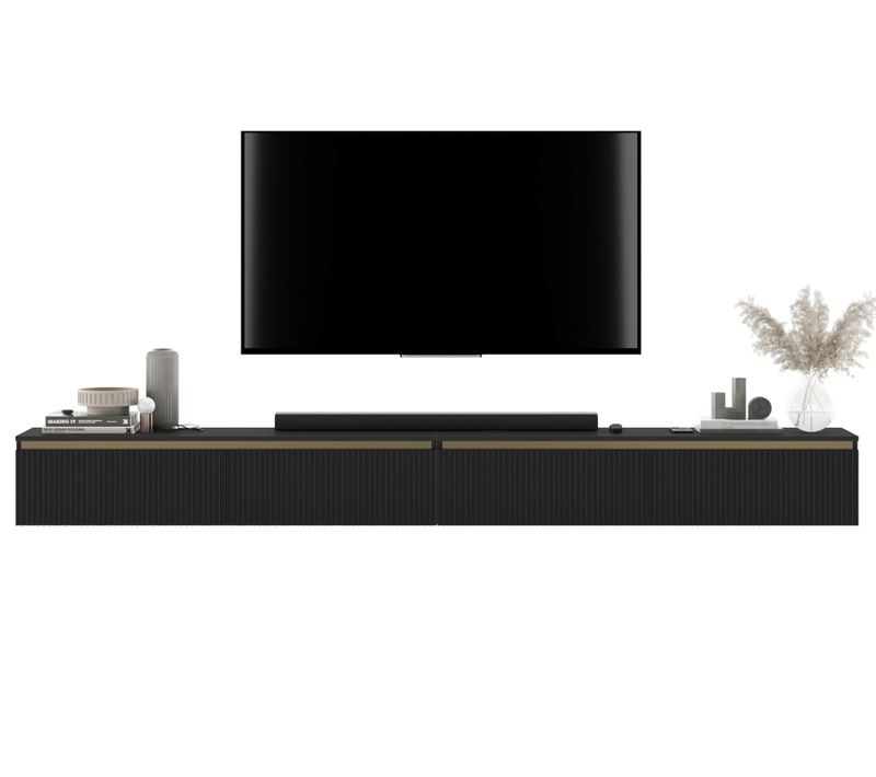 Meuble TV Suspendu Selene Façades Rainurées Noir Mat 280 Cm