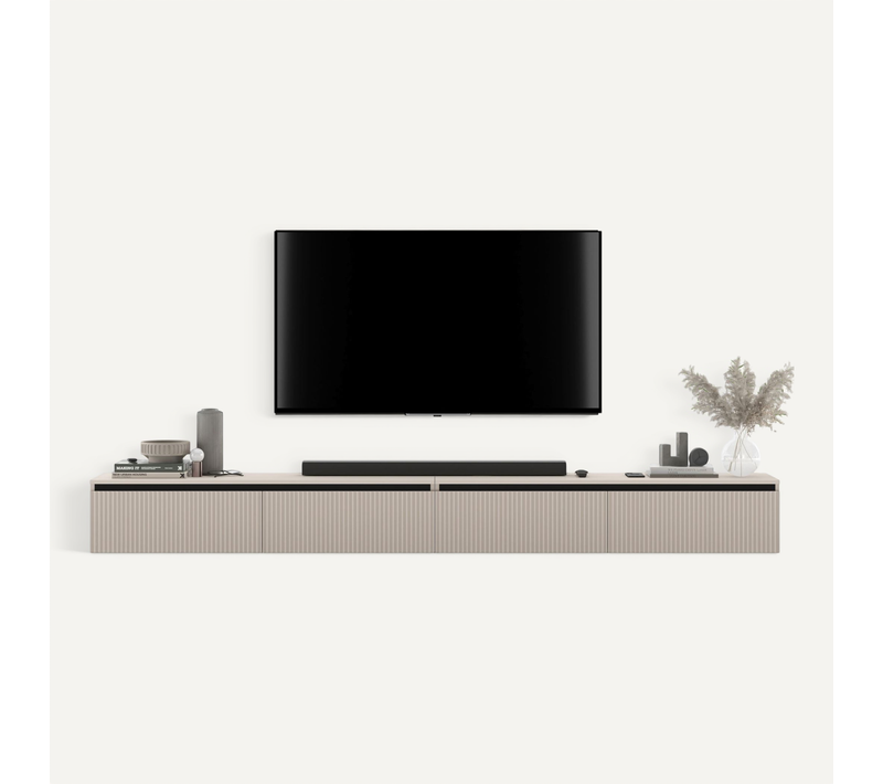 Meuble TV Suspendu Selene 280 cm Cachemire Mat Façades Rainurées Modernes