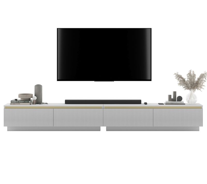 Meuble TV Selene Façades Rainurées Blanc Mat 280 Cm Sur Socle