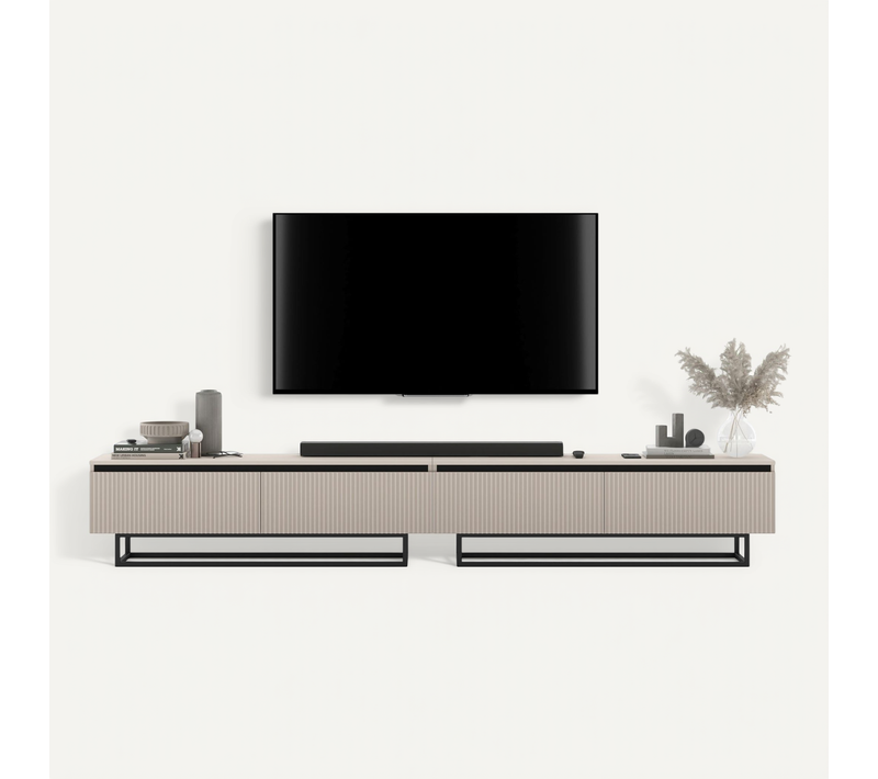 Meuble TV Selene Façades Rainurées Cachemire Mat 280 Cm Cadre En Métal Noir