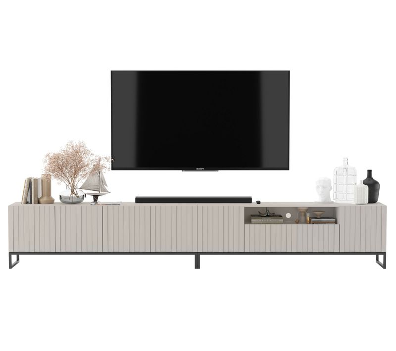 Meuble TV Elpis Façades Rainurées Cachemire Mat 300 Cm Cadre En Métal