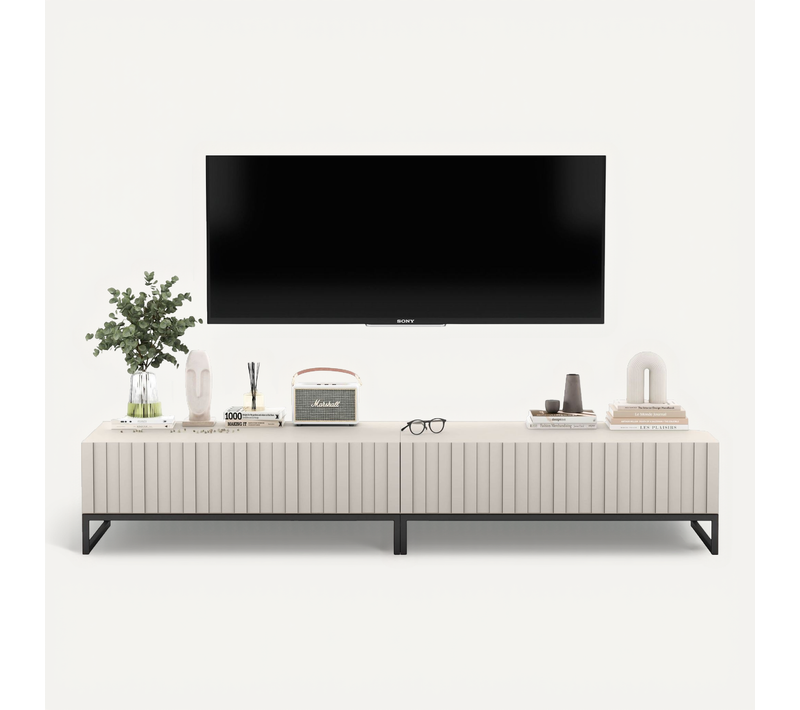 Meuble TV Elpis Façades Rainurées Cachemire Mat 220 Cm Cadre En Métal Noir