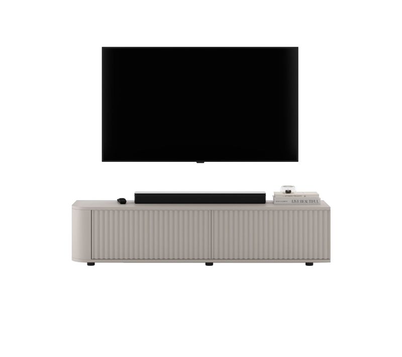 Meuble TV 2 Portes, Façades En Relief, Beige Mat, 140 Cm - Aurora