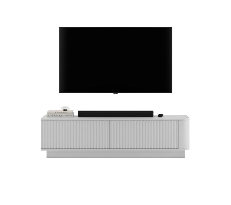 Meuble TV 2 Portes, Façades En Relief, Blanc Mat, Sur Socle, 140 Cm - Aurora