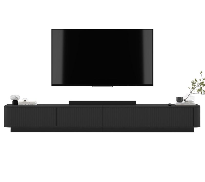 Ensemble de 2 meubles TV, 4 portes, façades en relief, noir mat, sur socle, 280 cm - AURORA