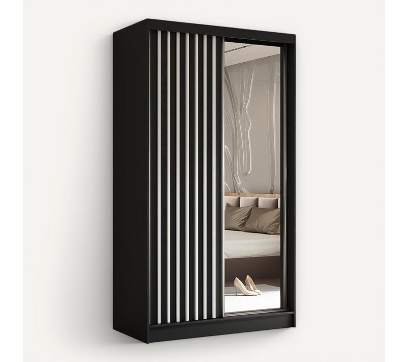Armoire Helix 120 cm, 2 Portes Coulissantes Miroir, Noir et Blanc Lamelles