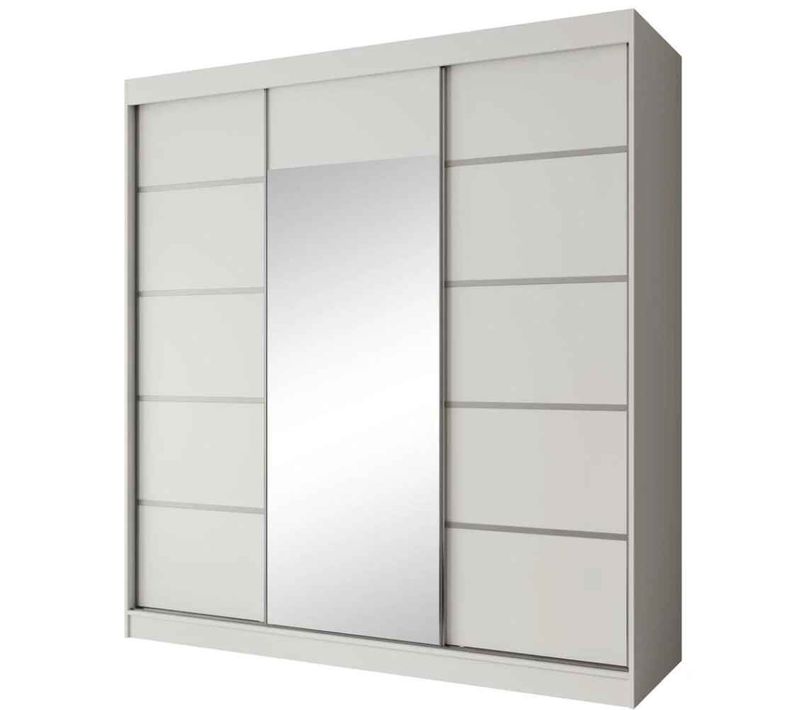 Armoire Monika 200cm – Armoire 3 Portes Coulissantes Avec Miroir, Blanc Et Croisillons Argent