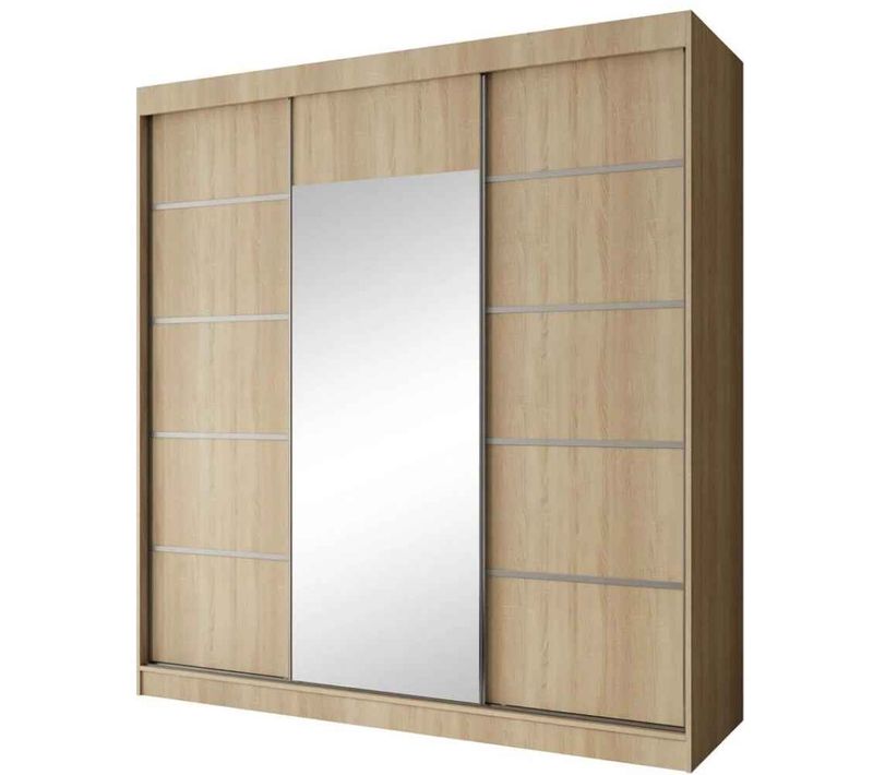 Armoire Monika 200cm – Armoire 3 Portes Coulissantes Avec Miroir, Chêne Sonoma Et Croisillons Argent