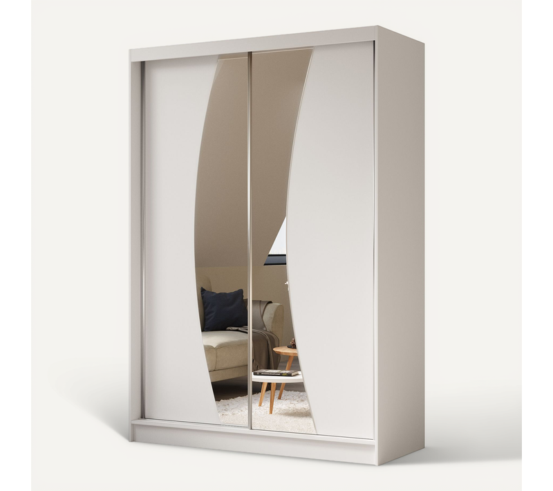 Armoire VOX 150 cm – 2 Portes Coulissantes Avec Miroir Et 2 Modules à Tiroirs – Blanc