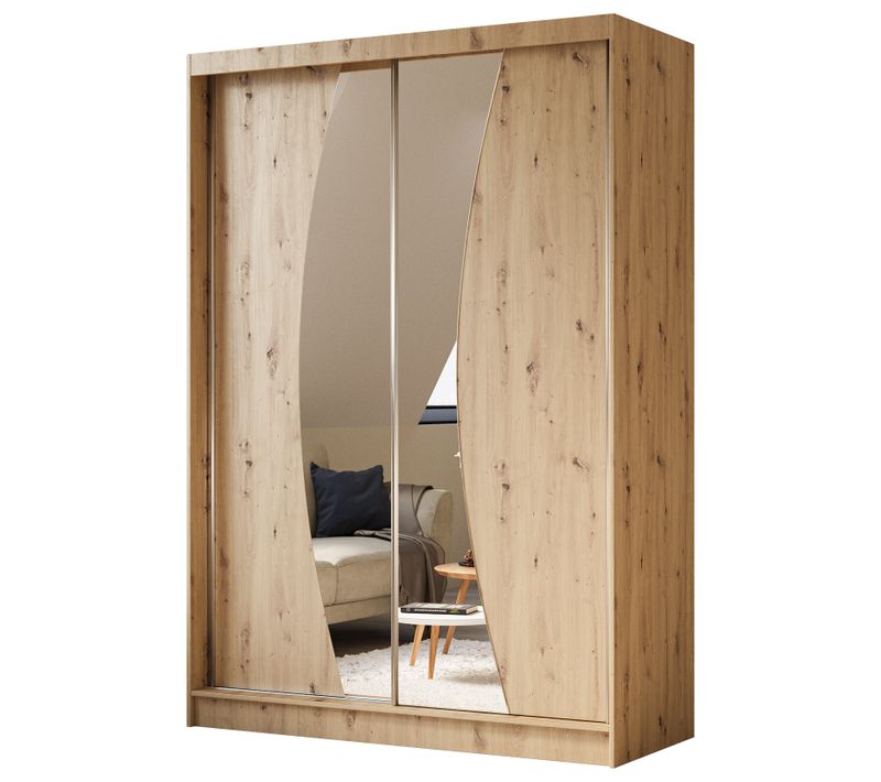 Armoire VOX 150 cm – 2 Portes Coulissantes Avec Miroir Et 2 Modules à Tiroirs – Chêne Artisan