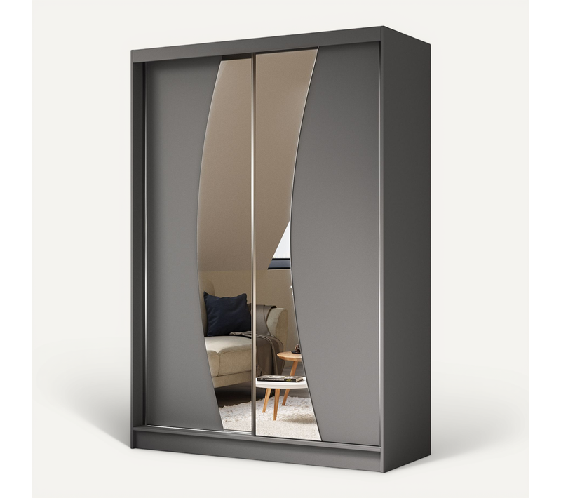 Armoire VOX 150 cm – 2 Portes Coulissantes Avec Miroir Et 2 Modules à Tiroirs – Graphite