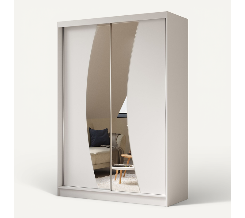 Armoire VOX 160 cm – 2 Portes Coulissantes Avec Miroir Et 2 Modules à Tiroirs – Blanc