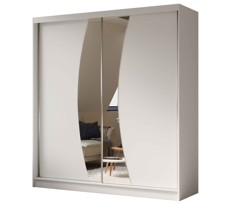Armoire VOX 200 cm – 2 Portes Coulissantes Avec Miroir Et 4 Modules à Tiroirs – Blanc