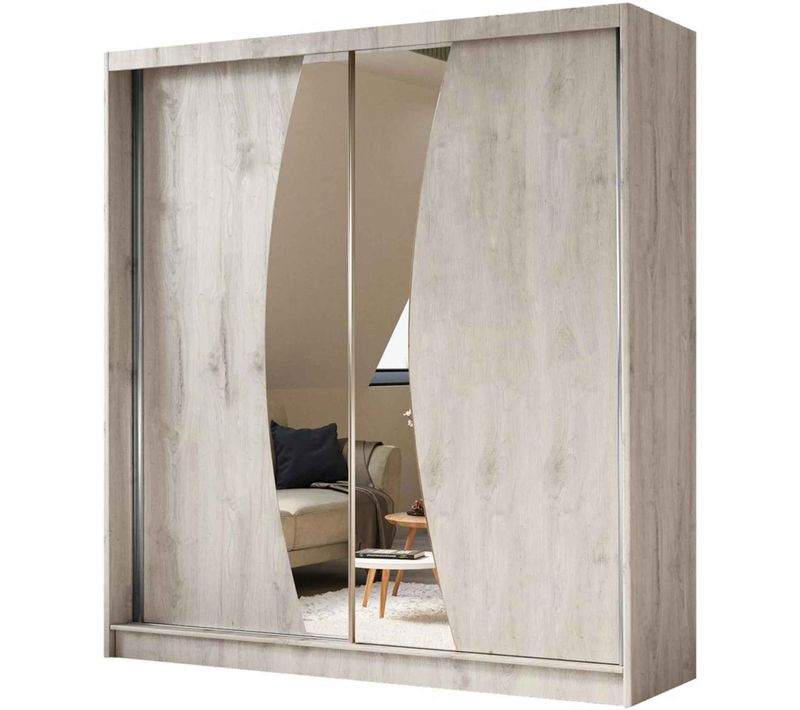 Armoire VOX 200 cm – 2 Portes Coulissantes Avec Miroir Et 4 Modules à Tiroirs – Chêne Sonoma