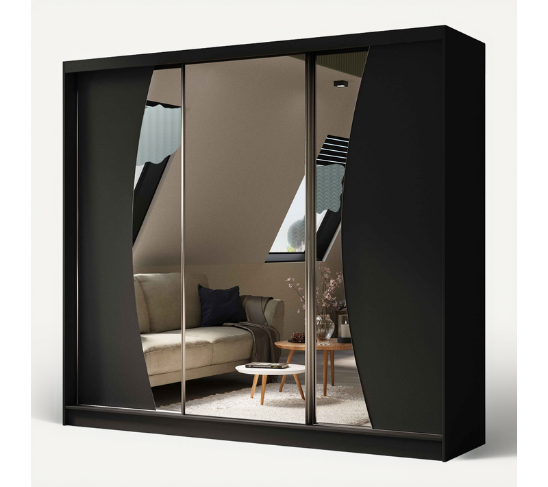 Armoire VOX II 240 cm – 3 Portes Coulissantes Avec Miroir Et 2 Tiroirs – Noir