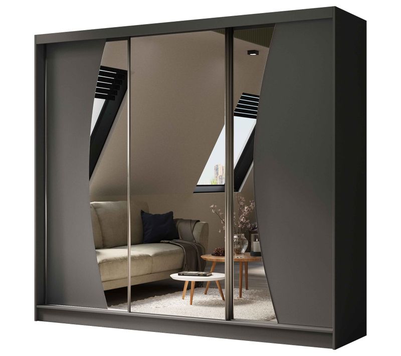 Armoire VOX II 240 cm – 3 Portes Coulissantes Avec Miroir Et 2 Tiroirs – Graphite