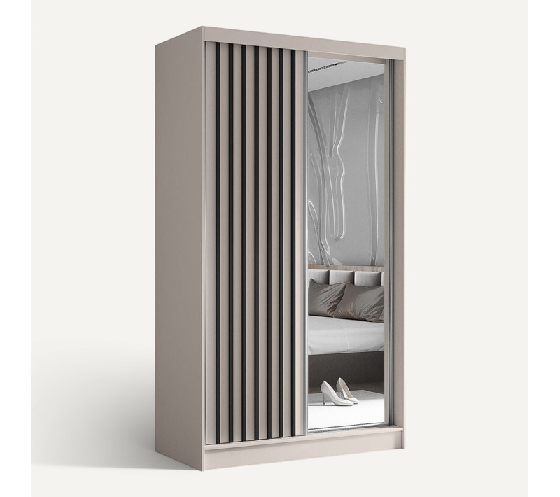 Armoire Helix 120 cm, 2 Portes Coulissantes, 2 Tiroirs, Miroir, Cachemire et Noir Lamelles