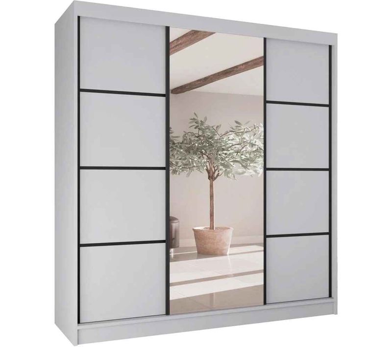 Armoire Vilo II 200cm – Armoire 3 Portes Coulissantes Avec Miroir, 4 Tiroirs, Blanc Et Noir