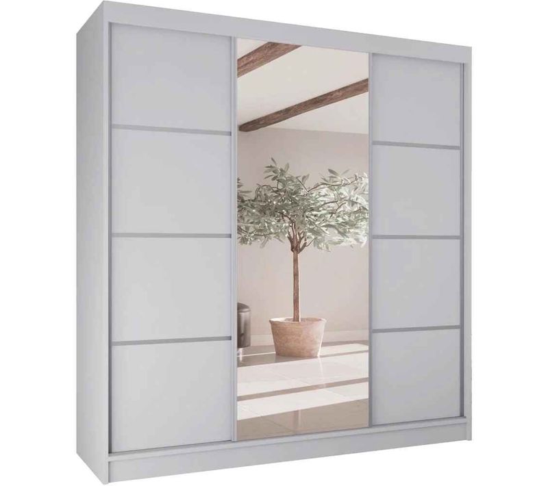 Armoire Vilo II 200cm – Armoire 3 Portes Coulissantes Avec Miroir, 4 Tiroirs, Blanc Et Argent