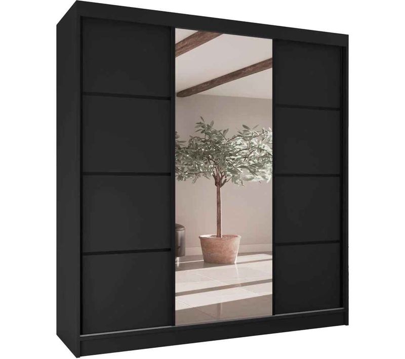 Armoire Vilo II 200cm – Armoire 3 Portes Coulissantes Avec Miroir, 4 Tiroirs, Noir Et Noir