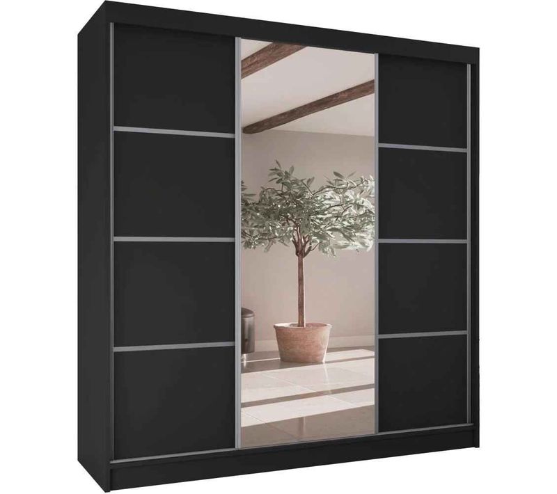 Armoire Vilo II 200cm – Armoire 3 Portes Coulissantes Avec Miroir, 4 Tiroirs, Noir Et Argent