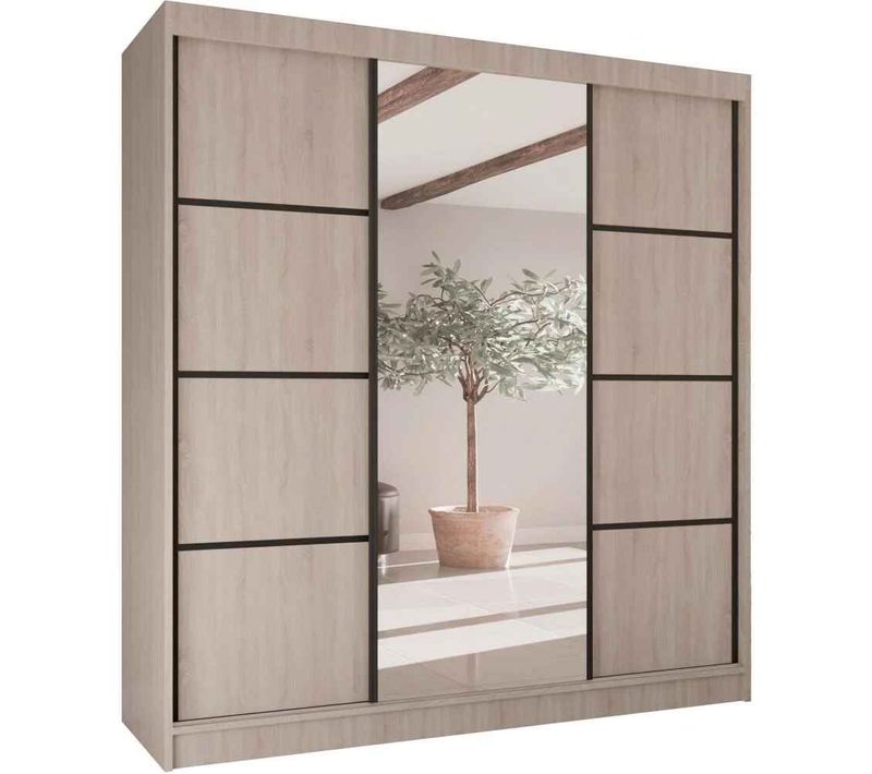 Armoire Vilo II 200cm – Armoire 3 Portes Coulissantes Avec Miroir, 4 Tiroirs, Chêne Sonoma Et Noir
