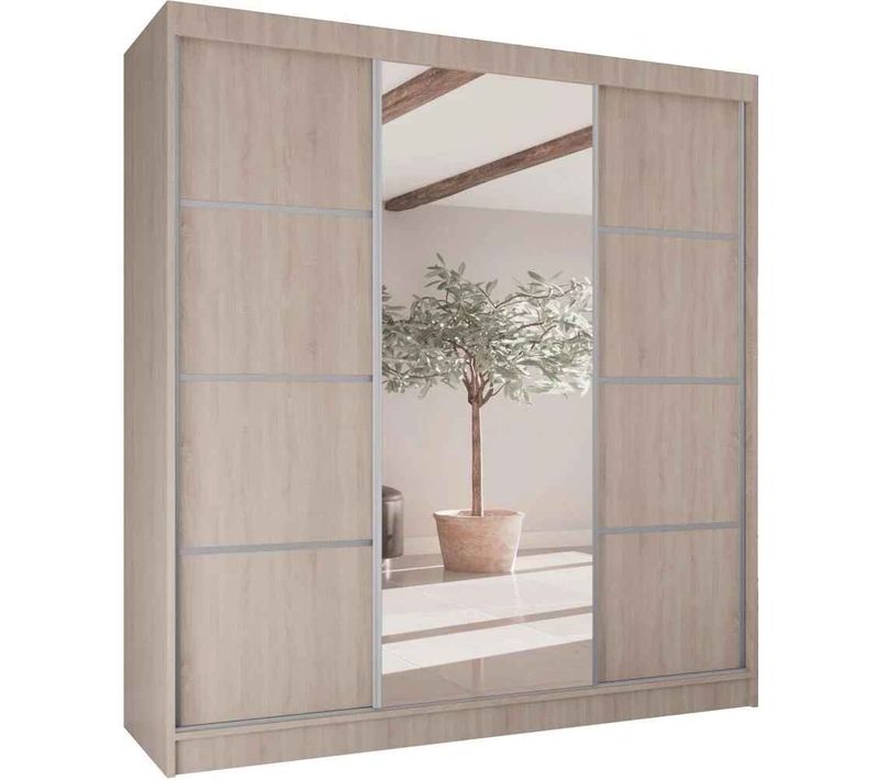 Armoire Vilo II 200cm – Armoire 3 Portes Coulissantes Avec Miroir, 4 Tiroirs, Chêne Sonoma Et Argent