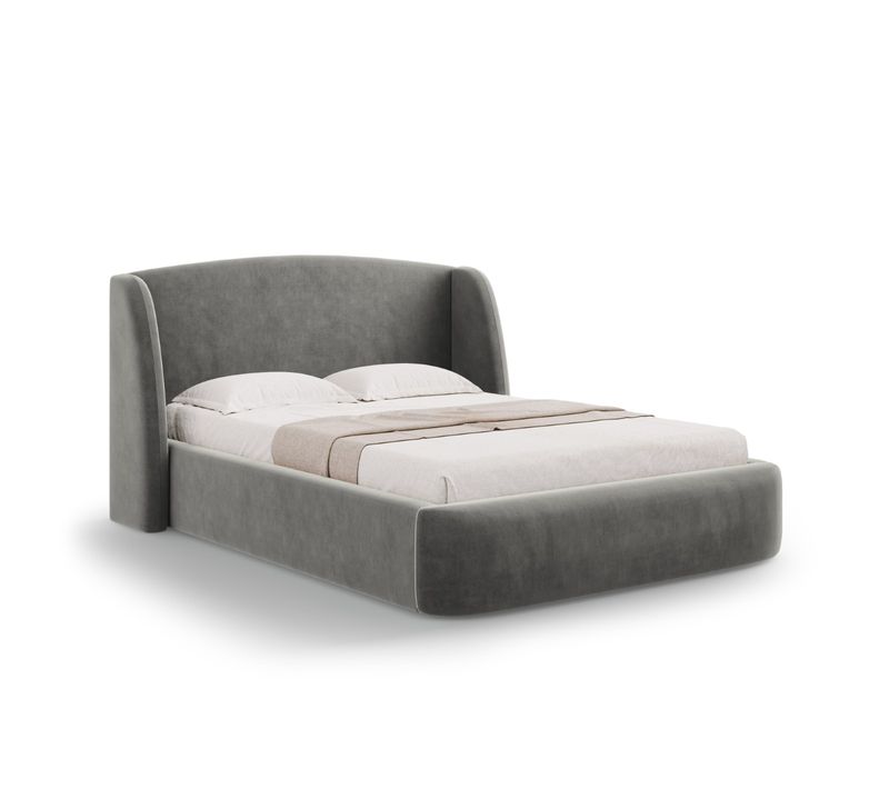 Lit Coffre Avec Tête De Lit "aude" 160x200cm En Velours Gris Clair