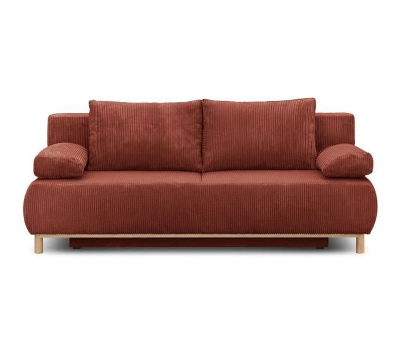 Banquette Convertible 3 Places  - Velours Côtelé Terracotta - Coffre De Rangement - L 192 X H 84 X