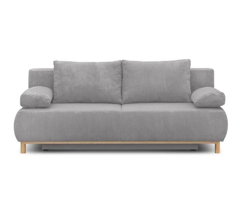 Banquette Convertible 3 Places  - Velours Côtelé Gris Clair - Coffre De Rangement - L 192 X H 84 X