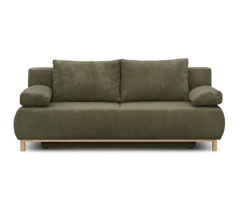 Banquette Convertible 3 Places  - Velours Côtelé Vert Kaki - Coffre De Rangement - L 192 X H 84 X P