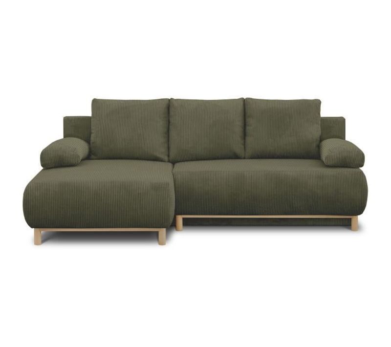 Canapé D'angle Gauche Convertible - 3 Places - Tissu Velours Côtelé Vert Kaki - Coffre - 192x84x93cm
