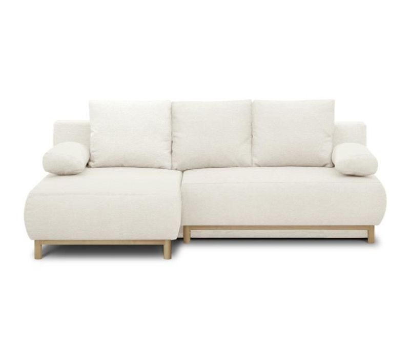 Canapé D'angle Gauche Convertible 3 Places Tissu Bouclettes Écru - Coffre De Rangement - 192x84x93cm