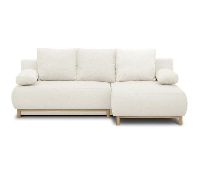 Canapé D'angle Droit Convertible - 3 Places - Tissu Bouclettes Écru - Coffre De Rangement - 192 X 8