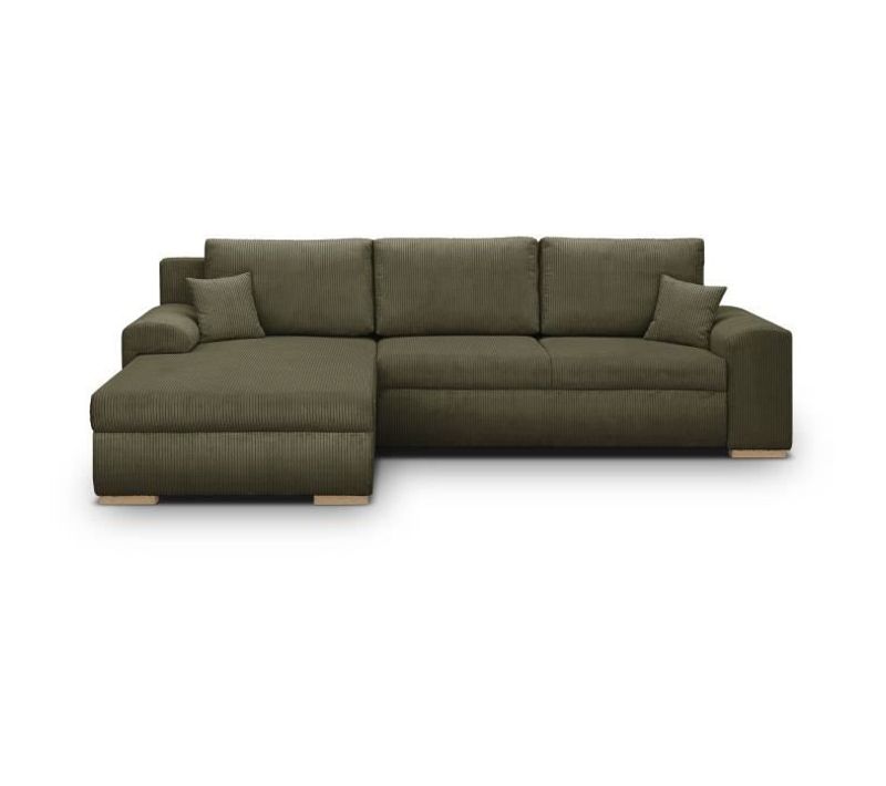 Canapé D'angle Convertible 5 Places Indian - Tissu Velours Côtelé Kaki - Coffre - 289x94/188x88cm