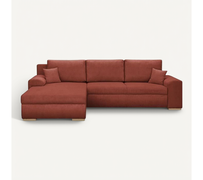 Canapé D'angle Convertible 5 Places Indian - Tissu Velours Côtelé Rouille - Coffre - 289x94/188x88cm