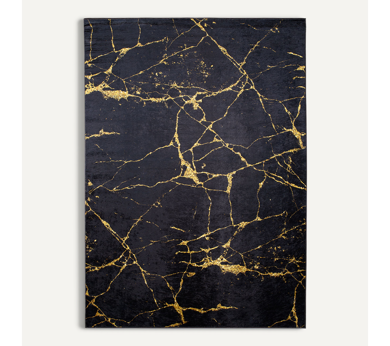 Tapis Salon Noir Doré Imprimé Design Marbre Fin 80x150 Toscana