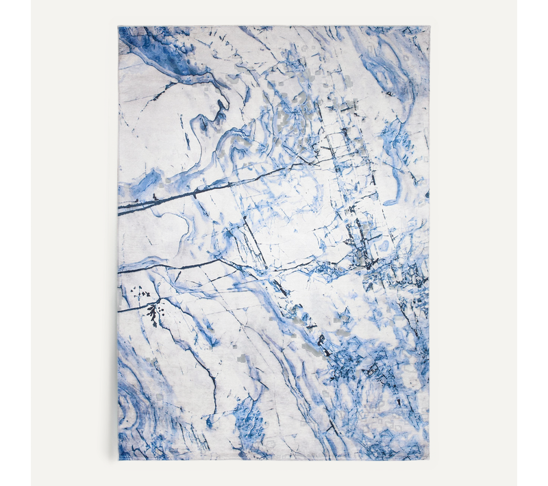 Tapis Salon Bleu Gris Écru Abstrait Marbré Fin 140x200 Toscana