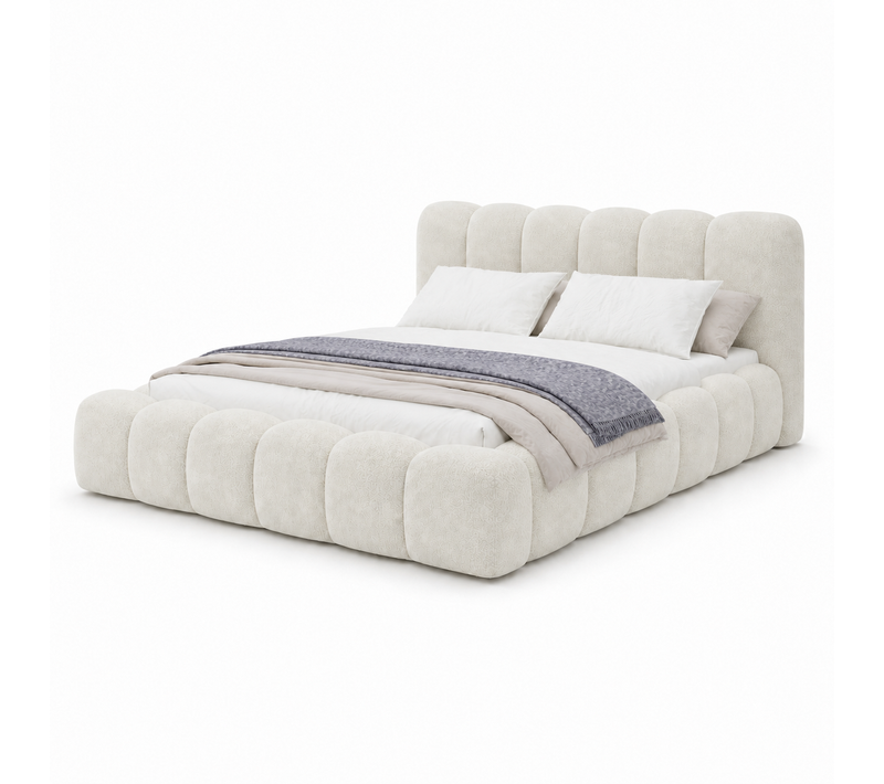 Bubble Lit Coffre Bouclé Crème 200x200 – Lit Design Luxe Avec Sommier Métal Rembourré