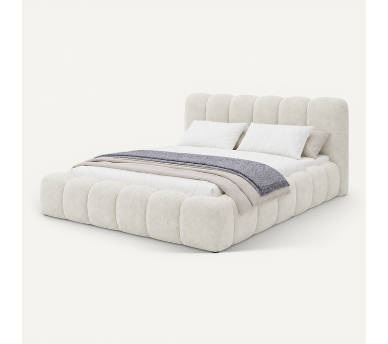 Bubble Lit Coffre Bouclé Crème 140x200 – Lit Design Luxe Avec Sommier Métal Rembourré