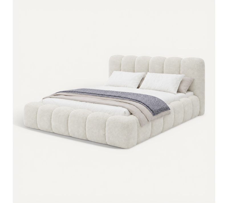 Bubble Lit Coffre Bouclé Crème 180x200 – Lit Design Luxe Avec Sommier Métal Rembourré