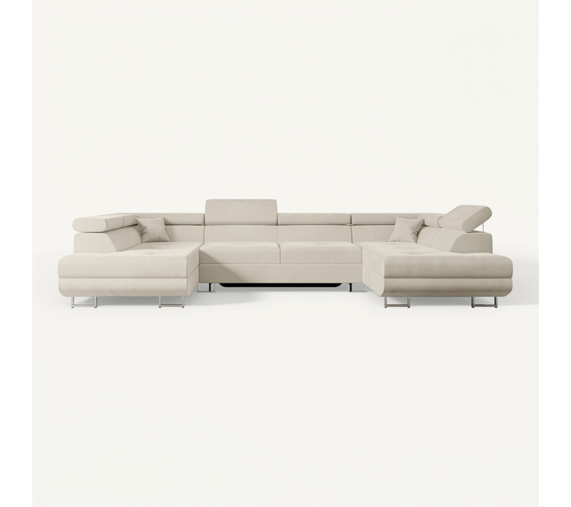 Canapé D'angle Convertible Gusa-u 342x202x107, Angle Panoramique, Velours - Beige