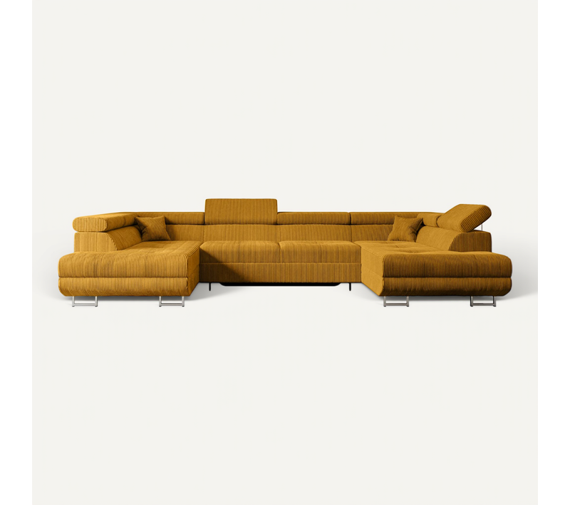 Canapé D'angle Convertible Gusa-u 342x202x107, Angle Panoramique, Tissu - Jaune Moutarde