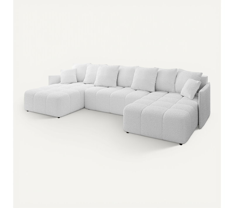 Canapé D'angle Convertible Onil-u 355x189x68  Angle Panoramique En Bouclette - Blanc
