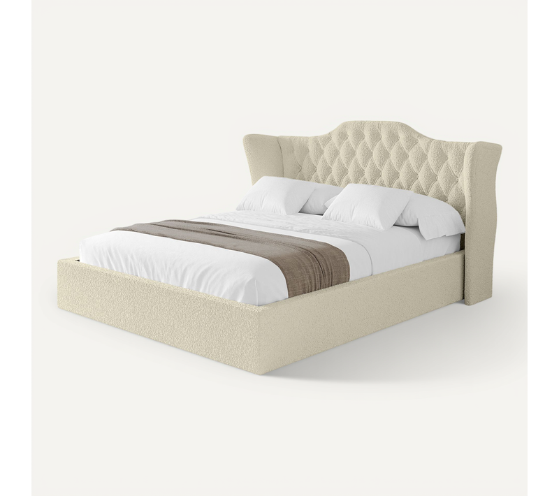 Lit Tapissé Avec Tête De Lit Tissu Bouclé - Zora 140x200 Cm Beige