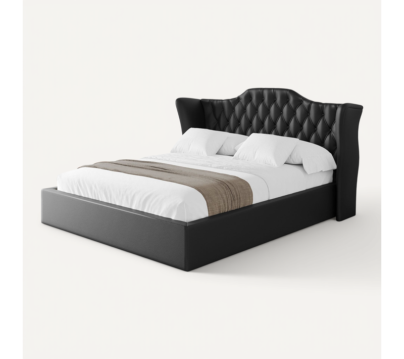 Lit Tapissé Avec Tête De Lit Tissu Imitation Cuir - Zora 160x200 Noir