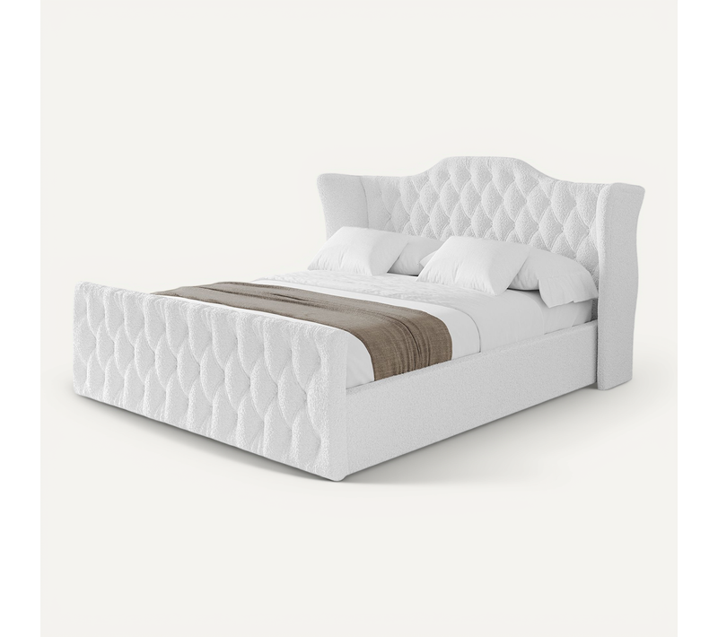 Lit Tapissé Avec Tête De Lit Tissu Bouclé - Zora-z 160x200 Cm Blanc