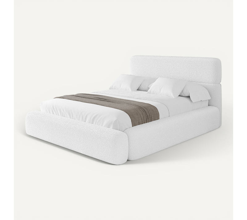 Lit Tapissé Avec Tête De Lit Tissu Bouclé - Enora 160x200 Blanc