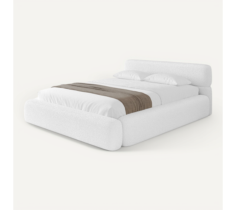 Lit Tapissé Avec Tête De Lit Tissu Bouclé - Enora-v1 200x200cm Blanc